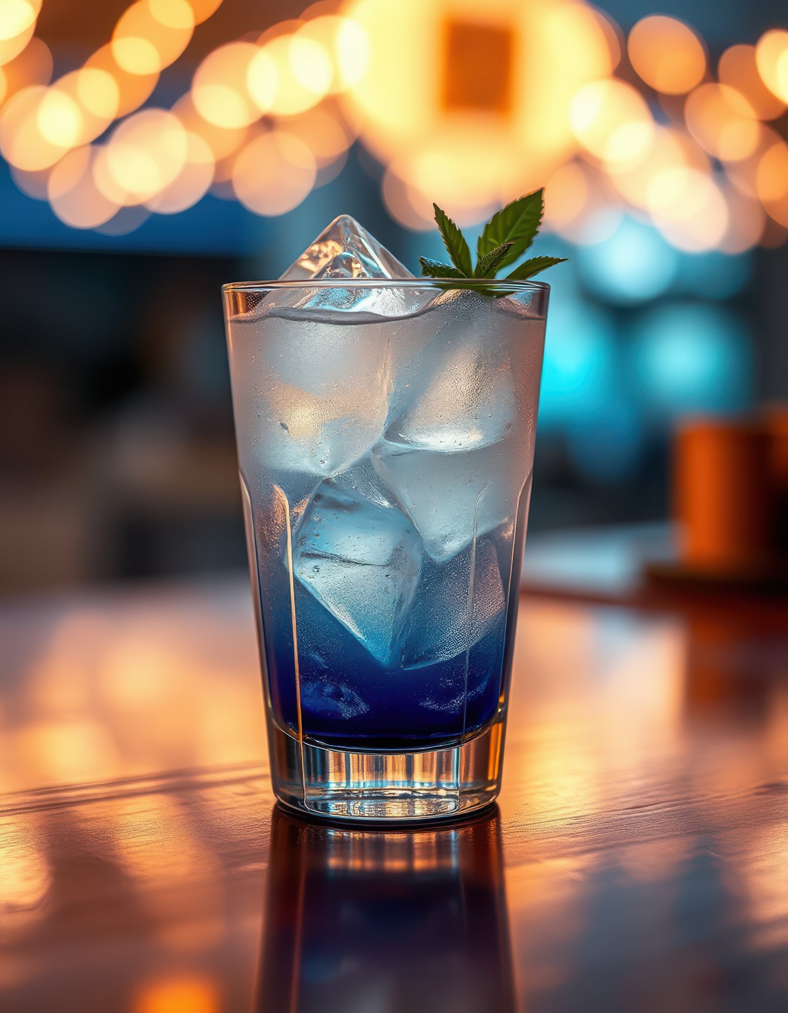 Refreshing cocktail with vibrant colors served in a clear glass at a lively bar during the evening